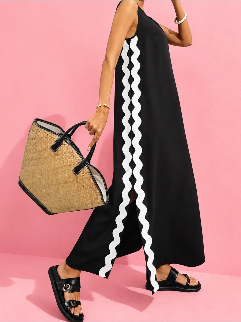 Black Ric Rac Trim Sleeveless Maxi Dress Side Slit Resort Medium